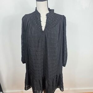 LOFT Shift Dress Women S Black Textured Smocked V-Neck Ruffle Hem Bohemian